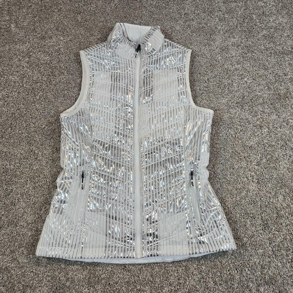 Sunice women's metallic silver and white full-zip golf vest reflective quilted